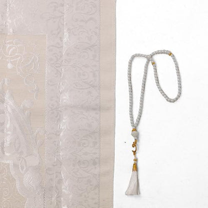 Taffeta Muslim Prayer Rug Set, White Kaaba Door Gift Box - color: White/Cylinder Gift Box