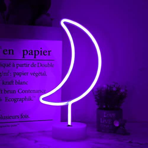 LED Moon Neon Signs, Purple Crescent Night Lights USB Battery Operated Moon Lamp for Birthday Party, Wedding, Halloween, Christmas Decorations-Holder Base(Purple) - color: Purple