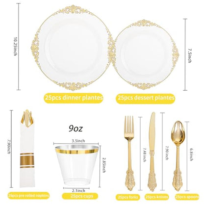 Hioasis 175pcs Clear and Gold Plastic Plates - Elegant Disposable Dinnerware Set Suitable for 25 Guests Include 10.25" Dinner & 7.5" Dessert Plates, Pre Rolled Silverware Set, Cups for Party & Wedding - color: Clear and Gold