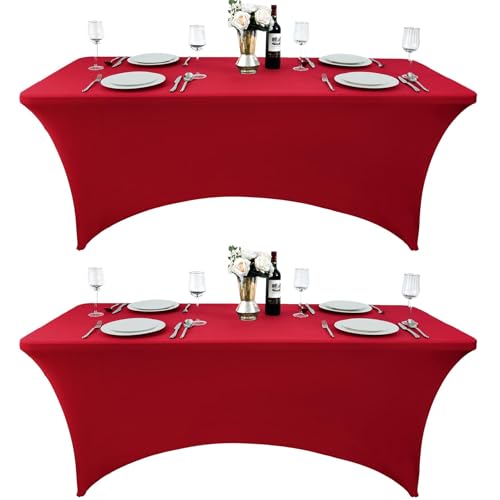 2-Pack 4ft Spandex Table Covers for Rectangular Folding Tables - Wrinkle Resistant Stretch Tight Table Cloths - Ultimate Fitted Table Protector for Parties, Banquet, and Wedding - color: Burgundy, size: 4-foot | 2-pack