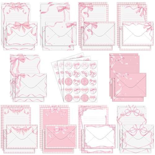 TaoBary 160 Pcs Pink Bow Stationery Paper Set for Girls with Stationery Letter and Envelopes 50 Double Sided Papers with 50 Matching Envelopes and 60 Round Dot Sticker 10 Design (5.5 x 8.25 Inch) - size: 8.25 x 5.5 Inch, style: Pink Bow