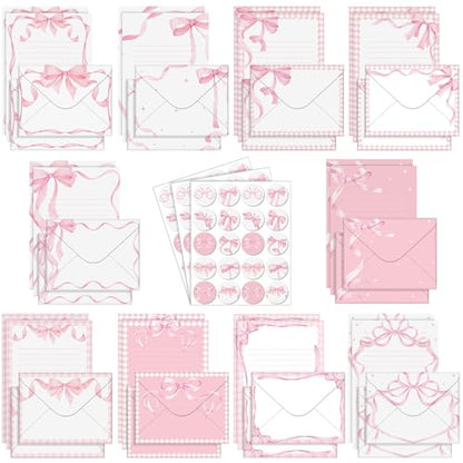 TaoBary 160 Pcs Pink Bow Stationery Paper Set for Girls with Stationery Letter and Envelopes 50 Double Sided Papers with 50 Matching Envelopes and 60 Round Dot Sticker 10 Design (5.5 x 8.25 Inch) - size: 8.25 x 5.5 Inch, style: Pink Bow