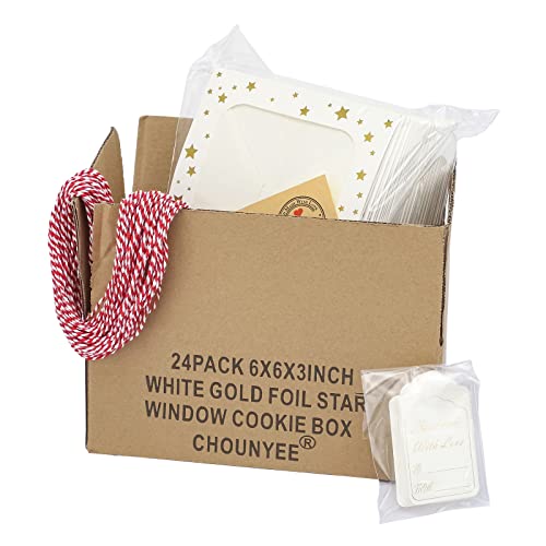 24 Pack 6X6X3 Christmas Cookie Boxes for Gift Giving Gold Foil Star White Bakery Boxes with Window 6 Inch Small Treat Boxes for Mini Cake Pastry Dessert Cupcakes Candy Donut Packaging - color: Gold Star-White