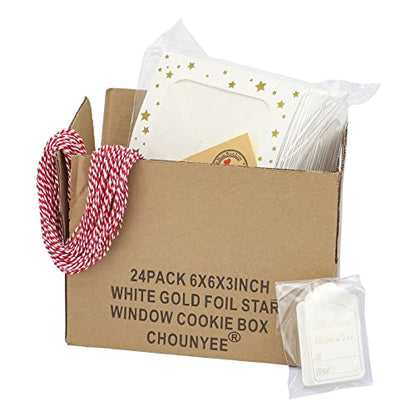 24 Pack 6X6X3 Christmas Cookie Boxes for Gift Giving Gold Foil Star White Bakery Boxes with Window 6 Inch Small Treat Boxes for Mini Cake Pastry Dessert Cupcakes Candy Donut Packaging - color: Gold Star-White