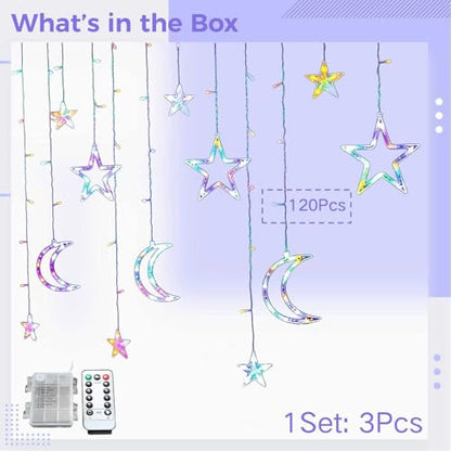 Star Moon Curtain String Light, 120 LED, 11.5 ft / 3.5 m, USB Dimmable with Remote, Multicolor Fairy Icicle Light for Window, Holiday, Party
