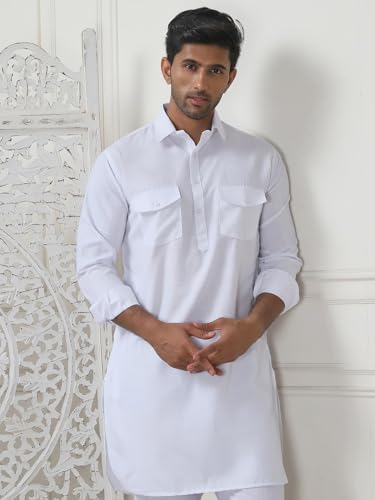 Maple Clothing Punjabi Kurta Pajama Set Pathani Mens Cotton Indian Clothes Bollywood Outfit - color: White, size: Medium
