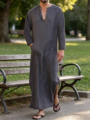 Jacansi Men's 65% Cotton 35% Linen Kaftan Thobe, Long Sleeve Casual Arabic Robe, Loose Long Gown with Pockets - color: Purple-gray #1, size: 3X-Large