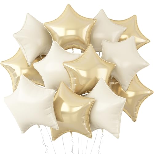 White Gold Star Balloons,12Pcs Cream White Champagne Gold Star Shaped Foil Balloons,18Inch Large Beige Helium Balloon for Birthday Baby Shower Wedding Anniversary Party Decorations - color: White Gold
