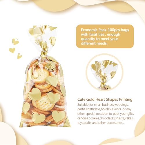 COQOFA 100 Pcs Gold Heart Cello Cellophane Treat Bags - Clear Candy Cookie Bags with Twist Ties for Baby Shower, Valentine, Wedding, Birthday - color: Gold Heart, size: 4x9 in