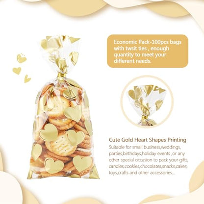 COQOFA 100 Pcs Gold Heart Cello Cellophane Treat Bags - Clear Candy Cookie Bags with Twist Ties for Baby Shower, Valentine, Wedding, Birthday - color: Gold Heart, size: 4x9 in