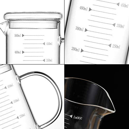 500ml Glass Measuring Cup with Lid Heat Resistant Handle Measured Mixing Glass Mug Clear Scale V-Shaped Spout for Milk Coffee Liquid Beaker Drinking Glasses Measure Jugs, Microwave Oven Freezer Safe - color: 500ml, with lid