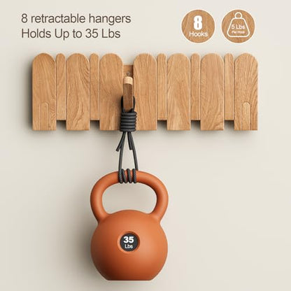 Solid Walnut Coat Rack Wall Mount, 16.5" Wood Wall Mounted Coat Rack with 8 Retractable Hangers,Heavy Duty Wooden Coat Hooks for Hanging Coats,Hats,Robe,Towels,Bags,Key Holder for Entryway,Natural - color: Natural