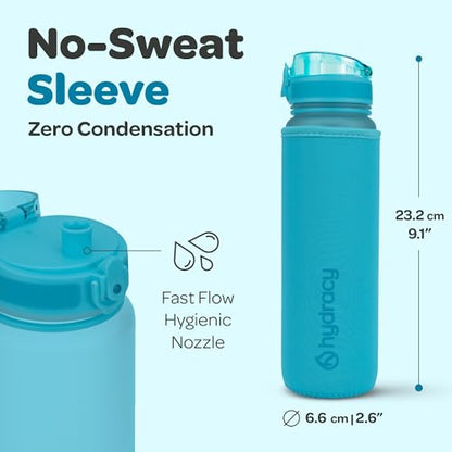 Hydracy 타임 마커 및 과일 인퓨저가 있는 물병 - BPA 프리 - 502.8ml(17온스) | 샘 방지 체육관 병, 마실 시간이 있고 땀이 나지 않는 슬리브 - 피트니스 스포츠 및 야외 활동에 이상적입니다 - color: 아쿠아 블루, size: 17온스