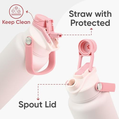KEWIXY 24 oz Insulated Water Bottle, 2-in-1 Lid, Straw & Spout with Protected, Leak Proof, Keep Cold, Stainless Steel, Metal, Reusable, Handle, for Travel, Gym and School, 2 Lids, Blush Pink - color: Blush Pink, size: 24 Ounces