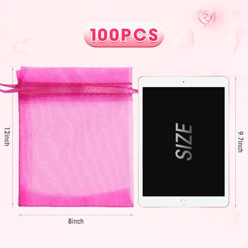 ANZNKU 100 Pcs Large Organza Bags 8x12, Small Mesh Gift Bag Drawstring Bulk - color: Hot Pink