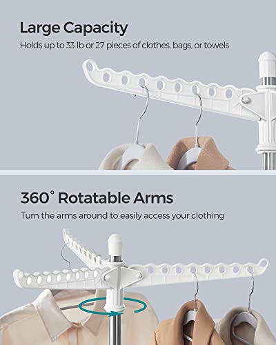 SONGMICS 의류 건조대, 149.9cm(59인치) 접이식 세탁 건조대, 행거용 회전 가능한 팔 3개, 다리 4개, 스테인리스 스틸, 옷 27피스용, 화이트 및 실버 ULLR510W01 - color: 화이트 + 실버, style: 1단