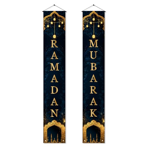 HOMETITUTE Eid Mubarak Door Banner Ramadan Mubarak Porch Sign Sets 12x71 Inch Crescent Moon Mosque Door Decoration Ramadan Mubarak Party Entryway Porch Decor Festival Hanging Sign - color: colorful2