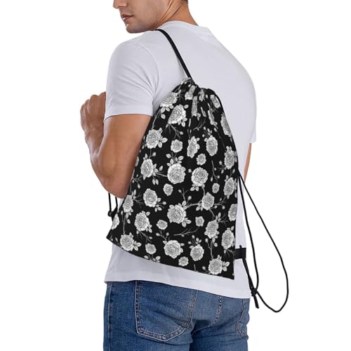 Breathable Polyester Drawstring Bag Black Roses Pattern, Large Capacity String Backpack for Swimming Pool - color: Pattern (362)
