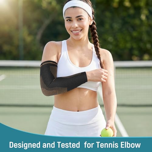 Copper Elbow Compression Sleeve - Tennis & Golfers Elbow Support Brace, Extends to Forearm for Complete Pain Relief, Wider Fit Hugs Joint, Small - size: Small
