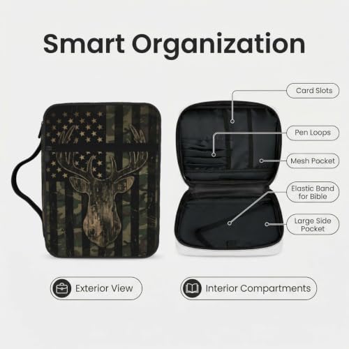 Camo Deer American Flag Bible Cover Case with Handle and Zippered Pocket - color: Camo Deer American Flag