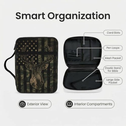 Camo Deer American Flag Bible Cover Case with Handle and Zippered Pocket - color: Camo Deer American Flag