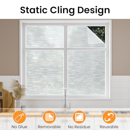 Haton Window Privacy Film, White Stripe Non-Adhesive, 17.5" x 78.7" | Static Cling Removable Frosted Glass Film, Blocks UV & Heat, Anti-glare Privacy Covering for Bathroom & Home Windows - color: White Stripe, size: 17.5" x 78.7"