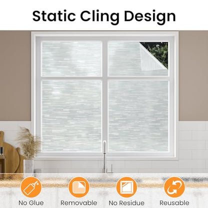 Haton Window Privacy Film, White Stripe Non-Adhesive, 17.5" x 157.4" | Static Cling Removable Frosted Glass Film, Blocks UV & Heat, Anti-glare Privacy Covering for Bathroom & Home Windows - color: White Stripe, size: 17.5" x 157.4"