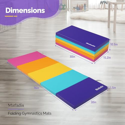 Matladin Folding Gymnastics Gym Exercise Aerobics Mat, 76"L x 30"W x 1.5"Th Folding Exercise Mat, Easy to Clean PU Leather Tumbling Mats for Stretching Yoga Cheerleading Martial Arts, Kid Play(Pink ,Blue） - color: Bright Multi-color