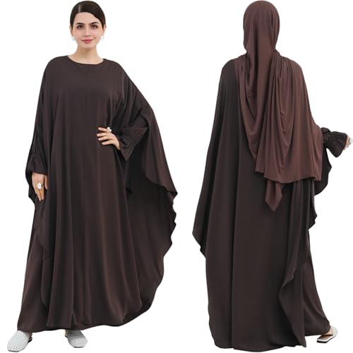 2PCS Women's Muslim Abaya Dress Lace Cuffs Islamic Dubai Prayer Robe Smooth Flowy Muslim Women Clothes - color: Dark Coffee, size: X-Large