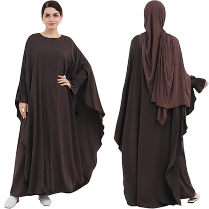 2PCS Women's Muslim Abaya Dress Lace Cuffs Islamic Dubai Prayer Robe Smooth Flowy Muslim Women Clothes - color: Dark Coffee, size: X-Large