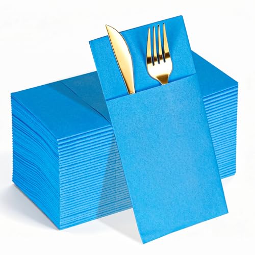 KAMMAK Napkins Disposbale 100 Pack Sky Blue Cloth like Paper Dinner Napkins with Pocket Folded Wedding Napkin Guest Hand Towels for Party Reception, Bathroom, Kitchen, Restaurants (16.5 x 16.5 inch) - color: Sky Blue