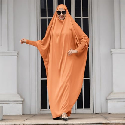 IDOPIP Muslim Abaya for Women One Piece Long Sleeve Islamic Prayer Dress with Hooded Hijab Maxi Kaftan Robe Modest Clothes - color: Orange