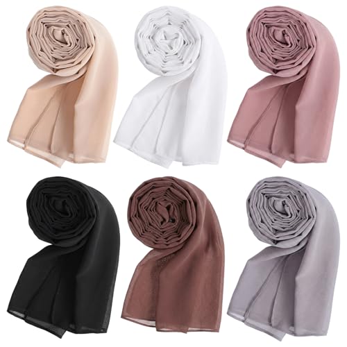 6 Pack Solid Color Chiffon Hijab Head Scarves, Fashion Soft Long Scarf Shawls and Wraps, Lightweight for Muslim Women Gifts Decoration Matching
