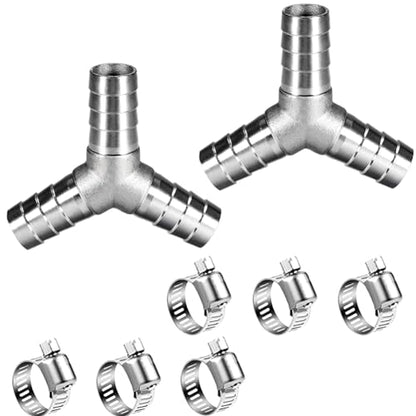 5/8" Hose Barb Fitting Equal Barbed Y Shaped 3 Way Wye Stainless Steel Tubing Joint Splicer Mender Adapter Union for Tubing Pipe Household Fuel Gas Liquid Air (2 Pcs with 6pcs Hose Clamps) - size: 5/8 Inch, style: 2 Pcs