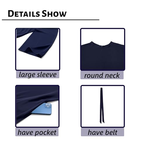 Women Abaya Dress with Belt Muslim Bell Sleeve Robe Islamic Prayer Jilbab | with Belt, A-line Skirt, Bell Sleeve - color: Dark Blue, size: Large