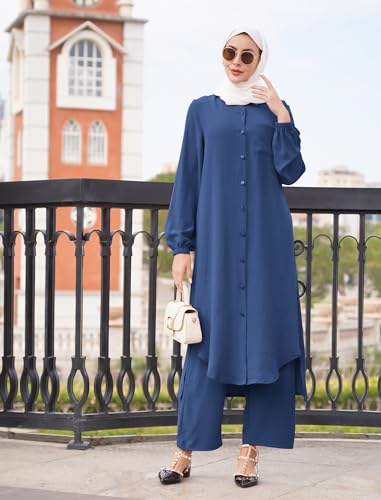 ODIZLI Women's Muslim 2 Pieces Sets Long Sleeve Button Down Shirt and Pants Abaya Casual Dress Dubai Outfits - color: Navy Blue, size: Small