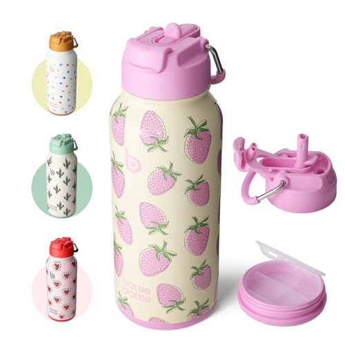 BOTTLE BOTTLE 32oz Insulated Water Bottle with Pill Box | Stainless Steel,Sport Water Bottle, with Straw Dual-use Lid and Pill Box, Design for Gym - color: Sweet Berry