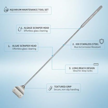 Aquarium Maintenance Tool Set - 430 Stainless Steel Long Reach Scissors, Tweezers & Sand Shovel for Fish Tanks - size: 18.11 x 1.18 x 0.79 in