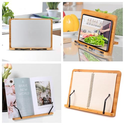 MEGREZ Book Stand for Reading (13.2 x 9.4 inch) Bamboo Cookbook Stand Holder for Kitchen, Adjustable Book Holder Stand for Tablet/Textbook Holder/Hollow Bookrest Stand, Bow - color: Bow
