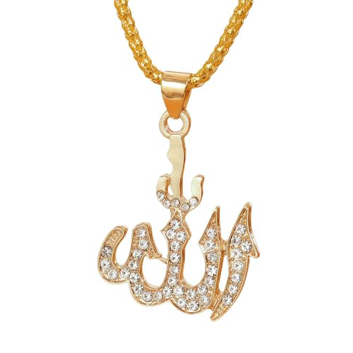 Allah Necklace for Men, Gold Muslim Pendant 22 inch Chain Gift - color: gold plated