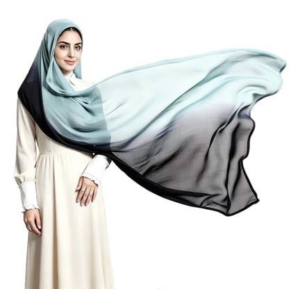 Premium Ombre Viscose Hijab Scarf for Women Muslim Lightweight Gradient Color Shade Hair Wraps Long Hijabs Scarves - color: New Green With Black