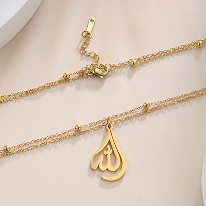 kkjoy Islamic Muslim Allah Layered Necklaces for Women Stainless Steel Water Drop Heart Shape Allah Necklace Lucky Islamic Jewelry