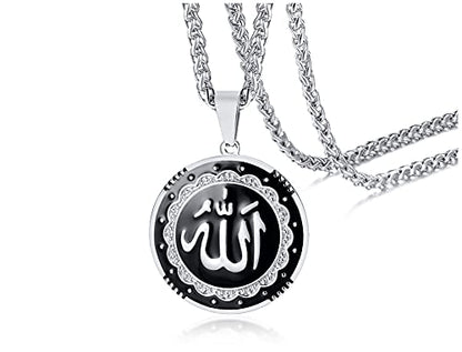 MEALGUET Allah Medallion Necklace, Stainless Steel Islamic Jewelry,Arabic Jewelry,Allah Name of God Round Pendant Necklace for Women and Men with Agate Beaded Chain, Muslim Gift Jewelry, Gift - style: Silver-stainless steel chain necklace
