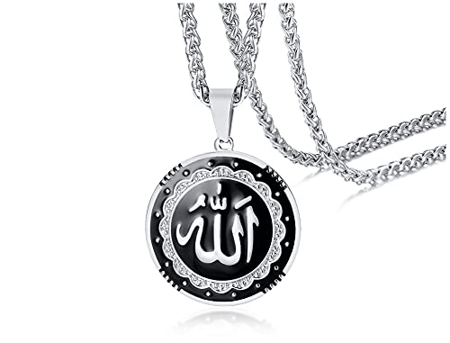 MEALGUET Allah Medallion Necklace, Stainless Steel Islamic Jewelry,Arabic Jewelry,Allah Name of God Round Pendant Necklace for Women and Men with Agate Beaded Chain, Muslim Gift Jewelry, Gift - style: Silver-stainless steel chain necklace