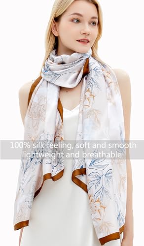 Women Silk Scarves Long Satin Lightweight Outdoor Shawl Wraps Printed Head Scarf 70''X35'' - color: 111-white/Yellow