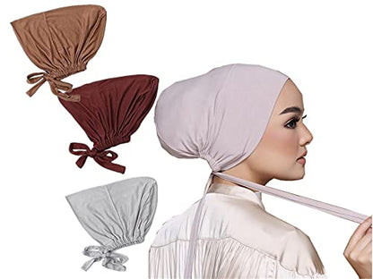 3 Pieces Adjustable Muslim Inner Under Hijab Cap with Ties Back Islamic Under Scarf Bonnet Caps Chemo Cap - color: Coffee