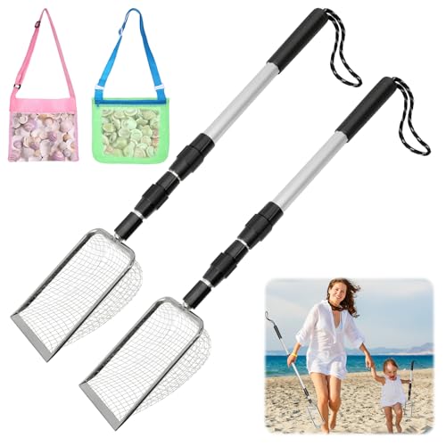 2 Pack Sand Sifter, Beach Shark Tooth Sifter Shell Scooper with Two Bags | Shell Scooper for Beach Dipper Scoop with Long Adjustable Handle Shovel Tool for Picking Up Shells Shovels - size: 2 Pieces Sifter + 2 Pieces Bag