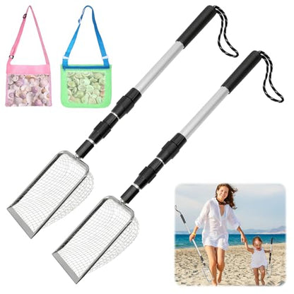2 Pack Sand Sifter, Beach Shark Tooth Sifter Shell Scooper with Two Bags | Shell Scooper for Beach Dipper Scoop with Long Adjustable Handle Shovel Tool for Picking Up Shells Shovels - size: 2 Pieces Sifter + 2 Pieces Bag