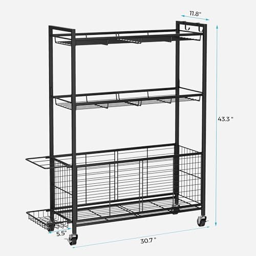 Sports Equipment Storage Rack with Wheels, 3-Tier Ball Organizer | Large Capacity Sports Gear & Toy Organizer with Racket Slots, Hooks, for Garage, Home Gym & Backyard, 31" W