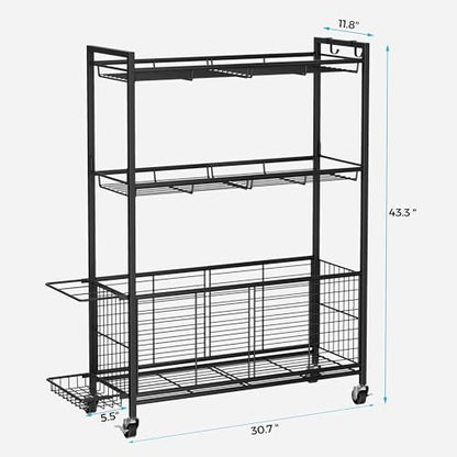 Sports Equipment Storage Rack with Wheels, 3-Tier Ball Organizer | Large Capacity Sports Gear & Toy Organizer with Racket Slots, Hooks, for Garage, Home Gym & Backyard, 31" W